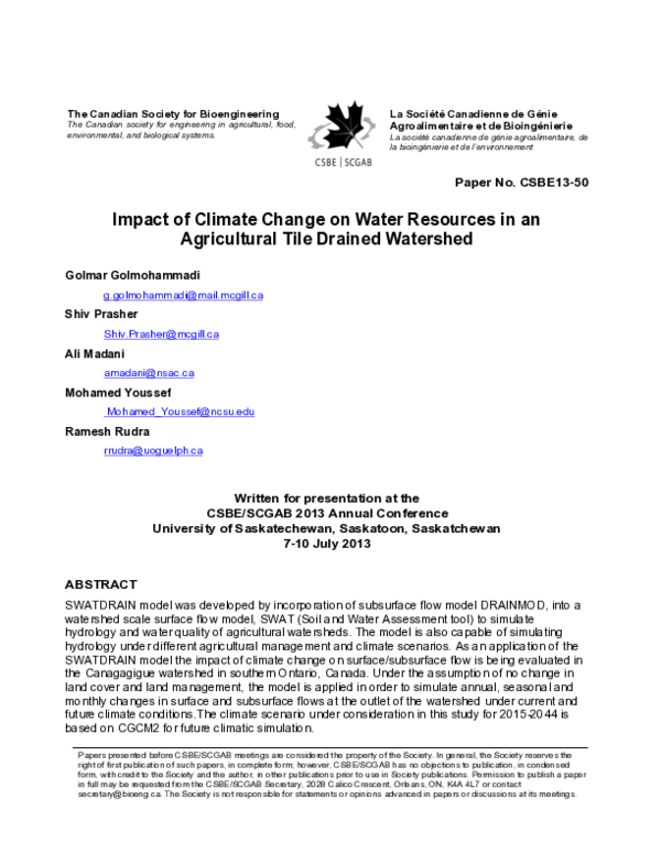(PDF) Impact of Climate Change on water resources in an agricultural ...