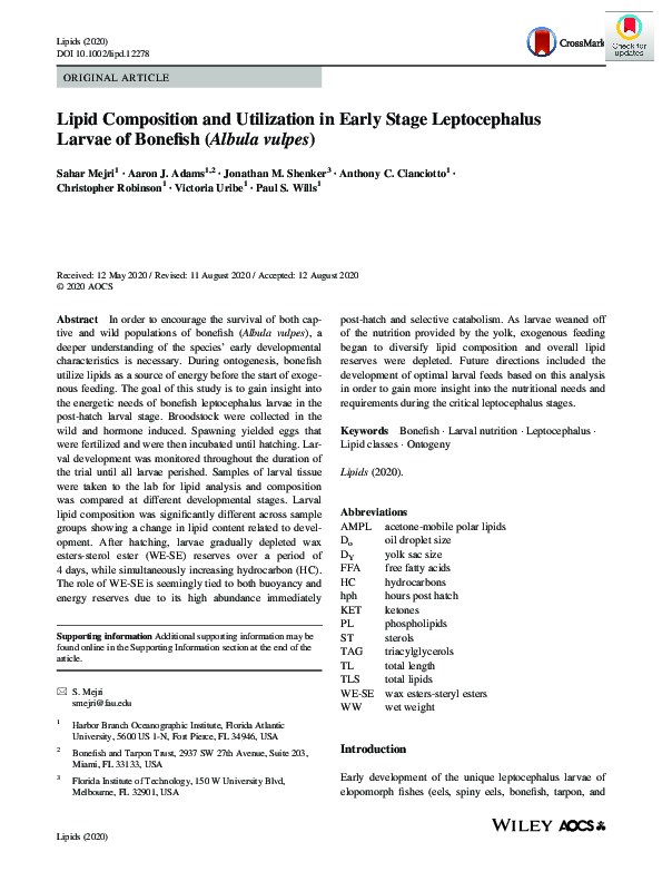 (PDF) Lipid Composition and Utilization in Early Stage Leptocephalus ...