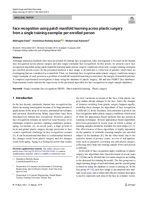 (PDF) Face recognition using patch manifold learning across plastic ...