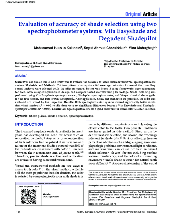 (PDF) Evaluation of accuracy of shade selection using two ...