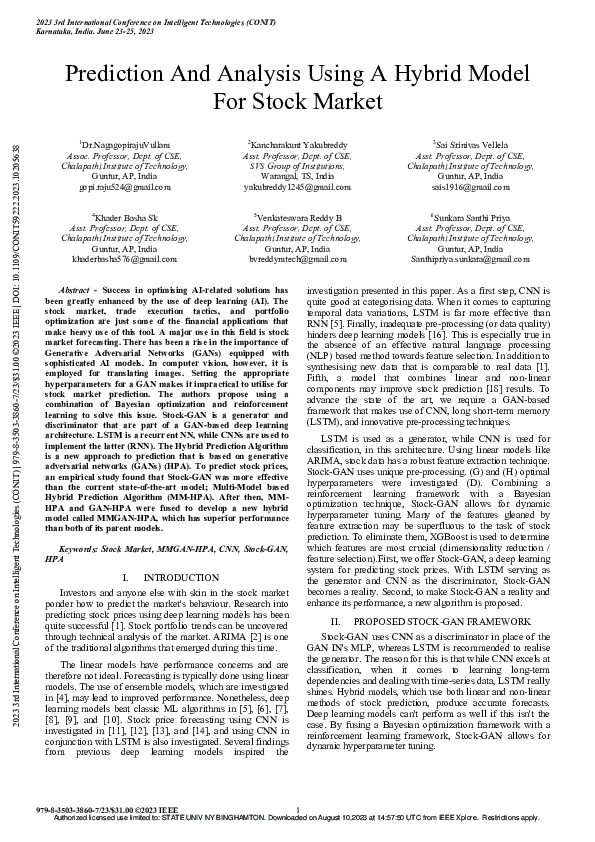 (PDF) Prediction And Analysis Using A Hybrid Model For Stock Market