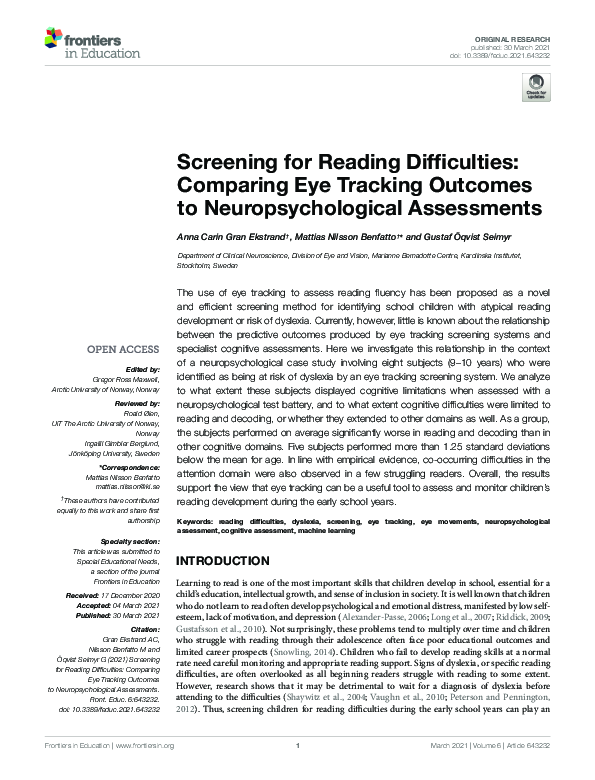 (PDF) Screening for Reading Difficulties: Comparing Eye Tracking ...