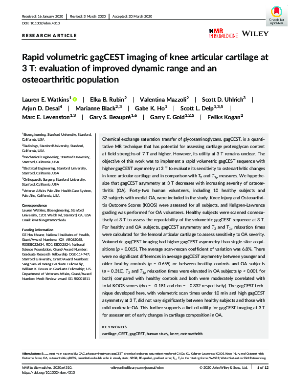 (PDF) Rapid volumetric gagCEST imaging of knee articular cartilage at 3 ...
