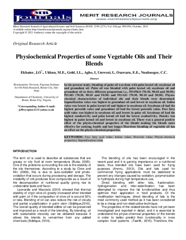 (PDF) Physiochemical Properties of some Vegetable Oils and Their Blends