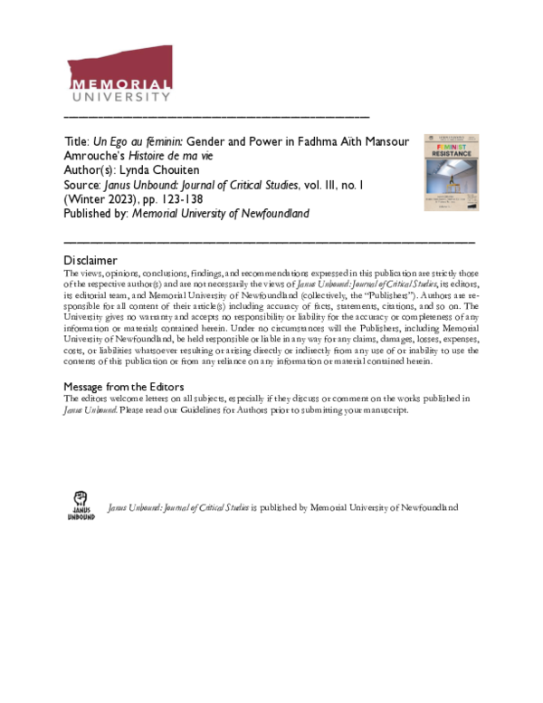 (PDF) Un Ego au féminin Gender and Power in Fadhma Aïth Mansour