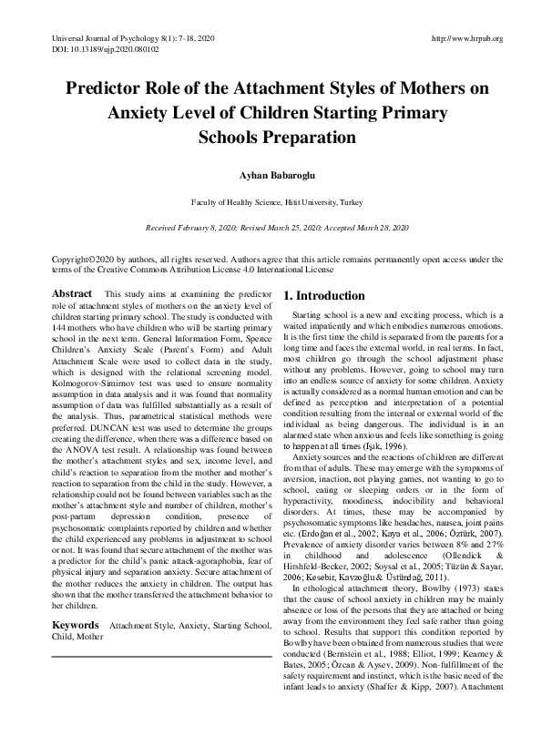 (PDF) Predictor Role of the Attachment Styles of Mothers on Anxiety ...