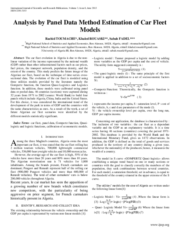 (PDF) Analysis by Panel Data Method Estimation of Car Fleet Models