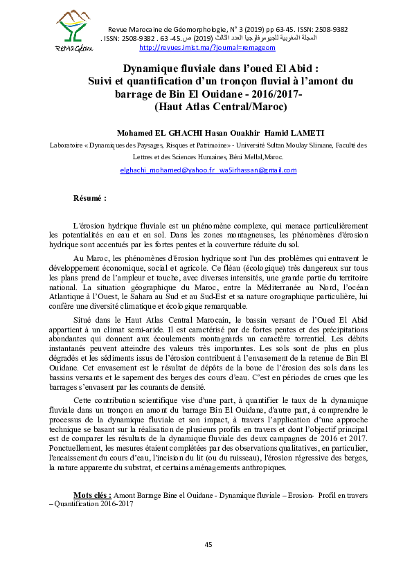 (PDF) Dynamique fluviale dans l’oued El Abid : Suivi et quantification ...