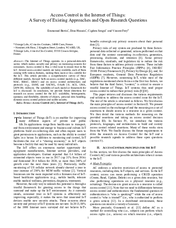 (PDF) Access control in the Internet of Things: a survey of existing ...
