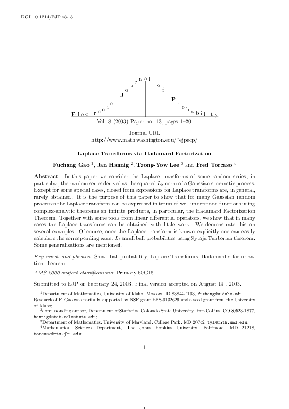 (PDF) Laplace Transforms via Hadamard Factorization