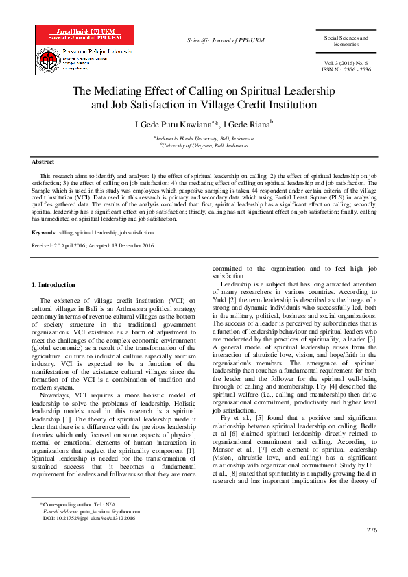 (PDF) The Mediating Effect of Calling on Spiritual Leadership and Job ...