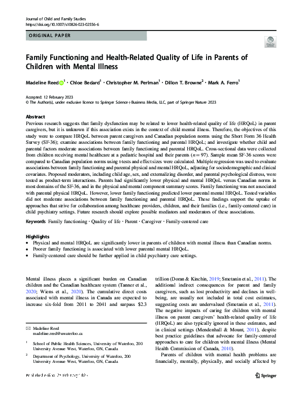 (PDF) Family Functioning and Health-Related Quality of Life in Parents ...