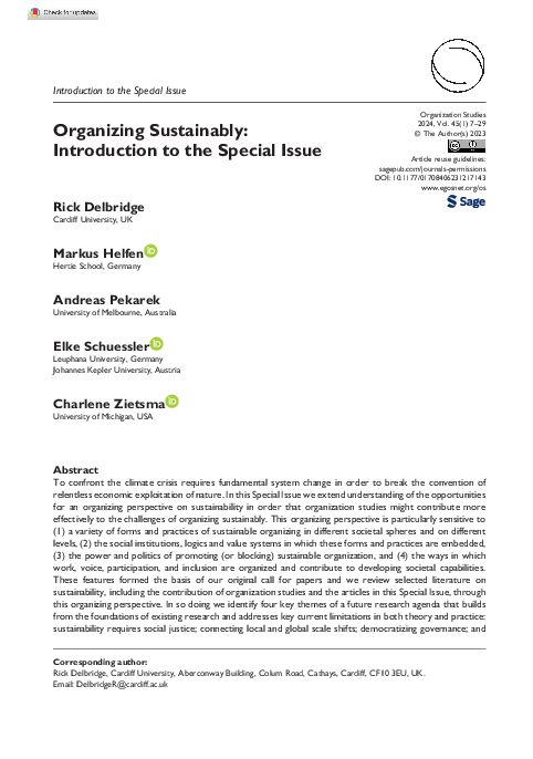 (PDF) Organizing Sustainably: Introduction to the Special Issue