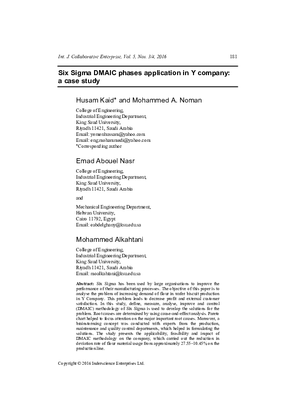 (PDF) Six Sigma DMAIC phases application in Y company: a case study