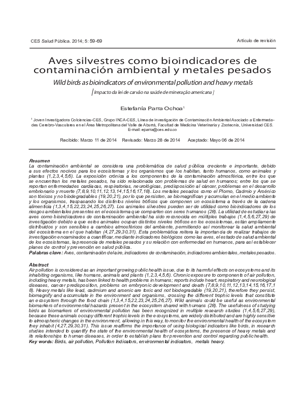 (PDF) Aves silvestres como bioindicadores de contaminación ambiental y ...