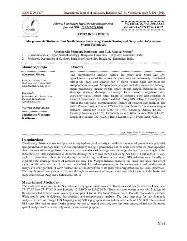 (PDF) Morphometric Studies on Part North Pennar Basin using Remote ...