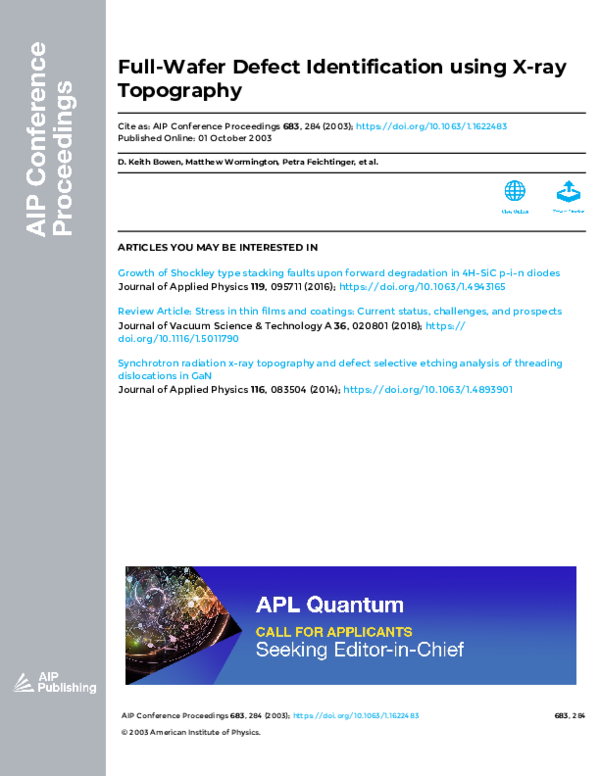 (PDF) Full-Wafer Defect Identification using X-ray Topography