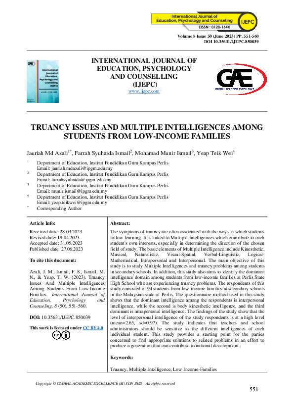 (PDF) Truancy Issues and Multiple Intelligences Among Students from Low ...