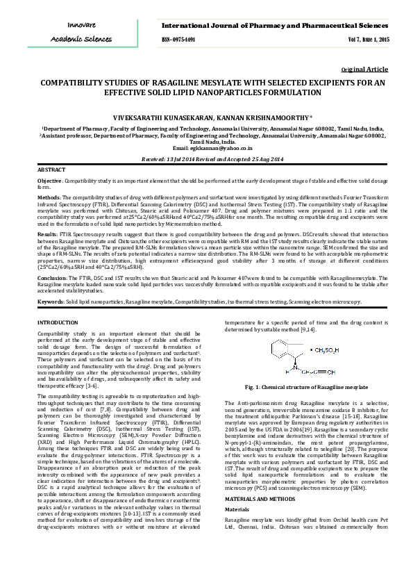 (PDF) COMPATIBILITY STUDIES OF RASAGILINE MESYLATE WITH SELECTED ...