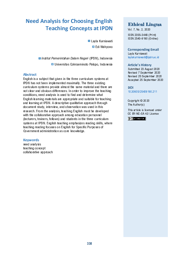 (PDF) Need Analysis for Choosing English Teaching Concepts at IPDN
