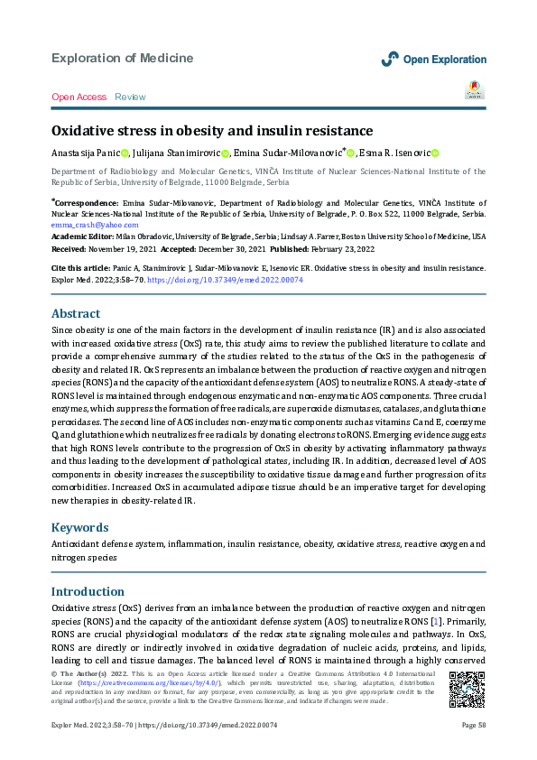 (PDF) Oxidative stress in obesity and insulin resistance