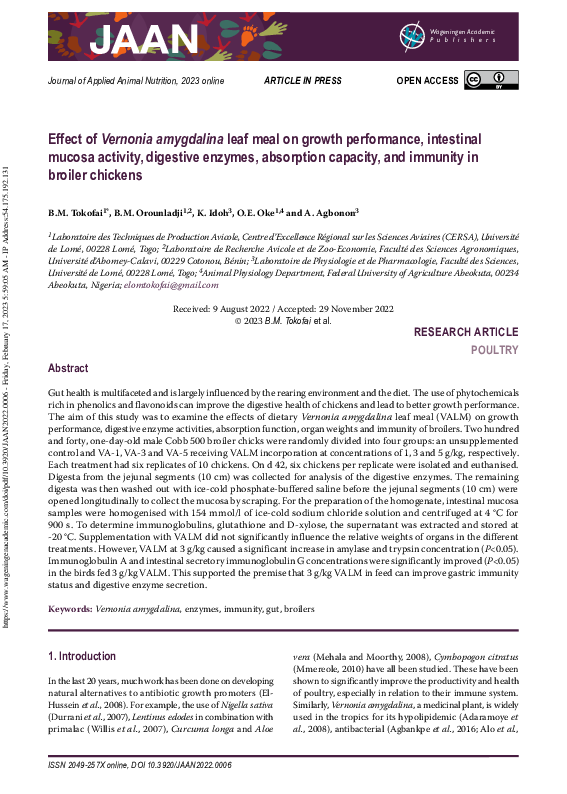 Effect of <i>Vernonia amygdalina</i> leaf meal on growth performance, intestinal mucosa activity, digestive enzymes, absorption capacity, and immunity in broiler chickens