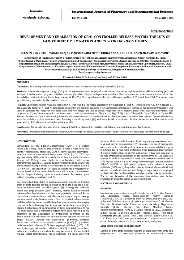 (PDF) DEVELOPMENT AND EVALUATION OF ORAL CONTROLLED RELEASE MATRIX ...
