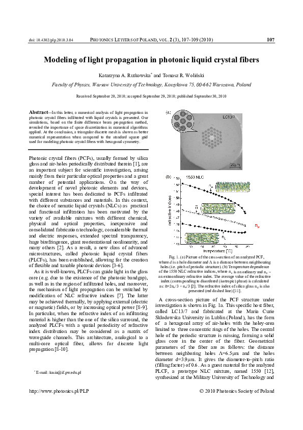 (PDF) Modeling of light propagation in photonic liquid crystal fibers ...