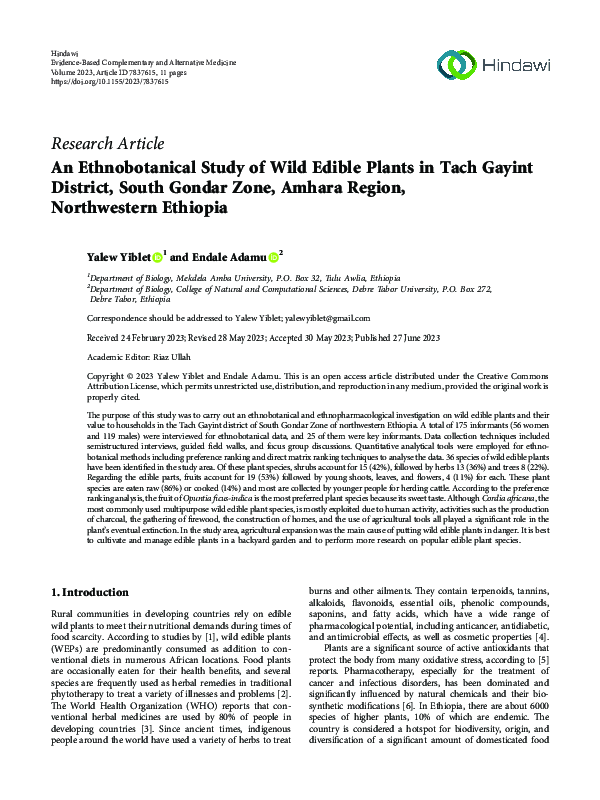 (PDF) An Ethnobotanical Study of Wild Edible Plants in Tach Gayint ...