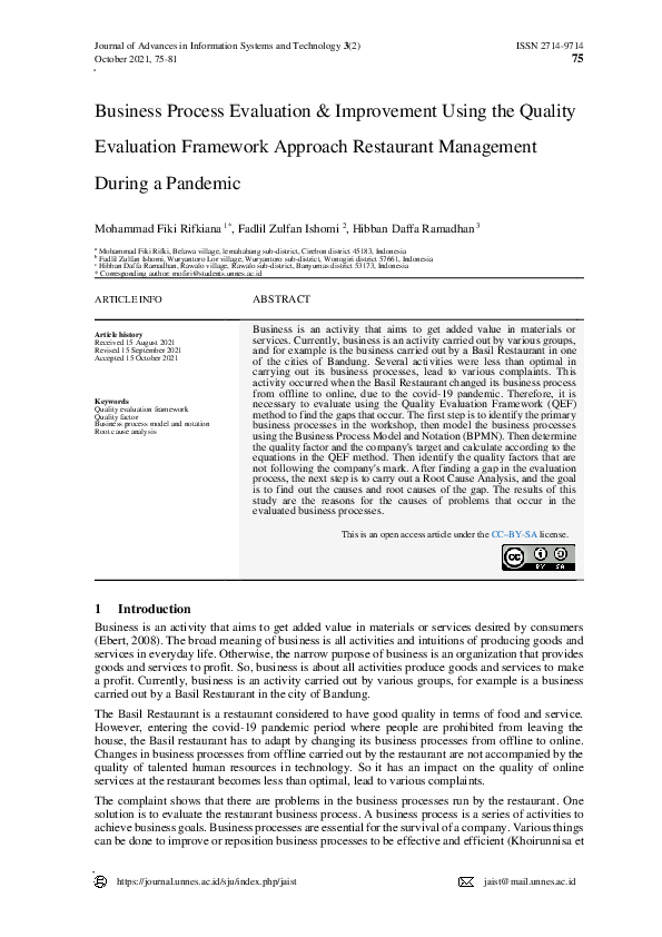 (PDF) Business Process Evaluation and Improvement Using the Quality ...