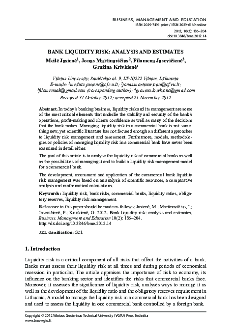(PDF) Bank Liquidity Risk: Analysis and Estimates