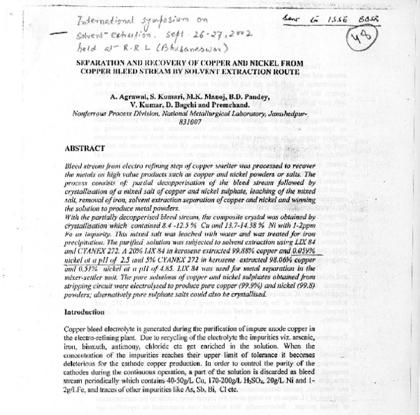 (PDF) Seperation & Recovery of Copper & Nickel from Copper Bleed Stream ...