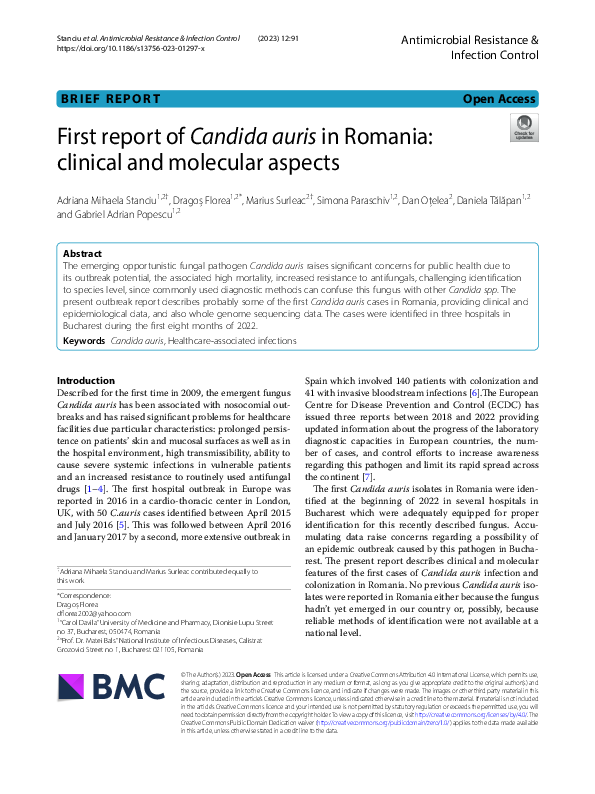 (PDF) First report of Candida auris in Romania: clinical and molecular ...