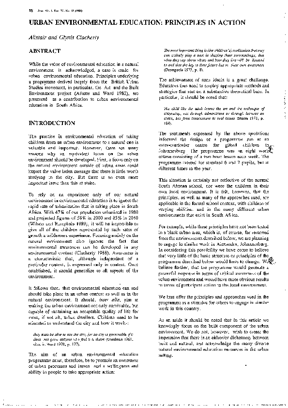 (PDF) Urban environmental education Principles in action