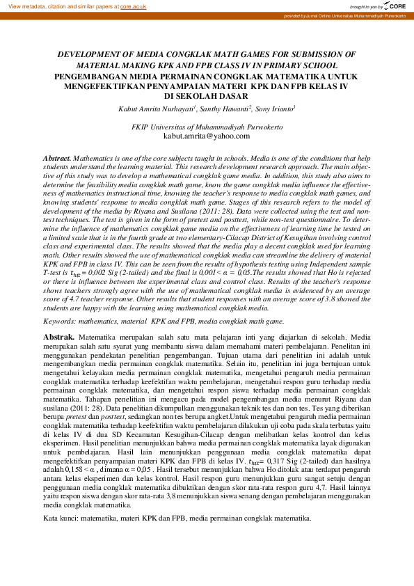 (PDF) Development of Media Congklak Math Games for Submission of ...