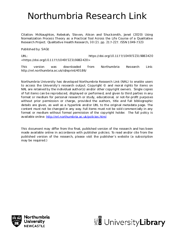 (PDF) Using Normalization Process Theory as a Practical Tool Across the ...