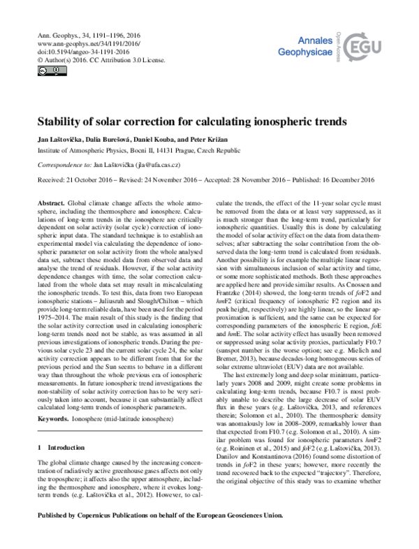 (PDF) Stability of solar correction for calculating ionospheric trends