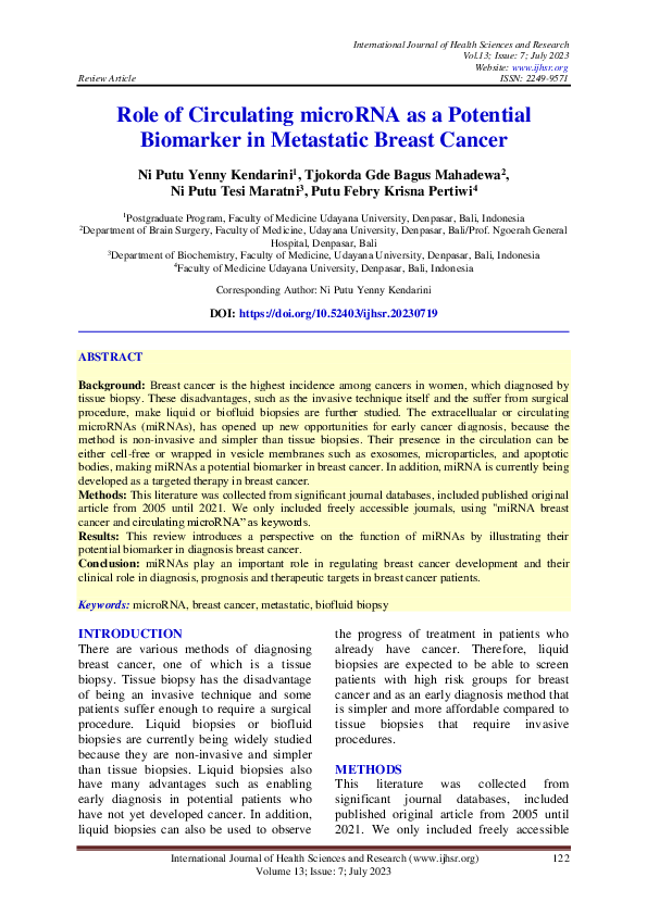 (PDF) Role of Circulating microRNA as a Potential Biomarker in ...