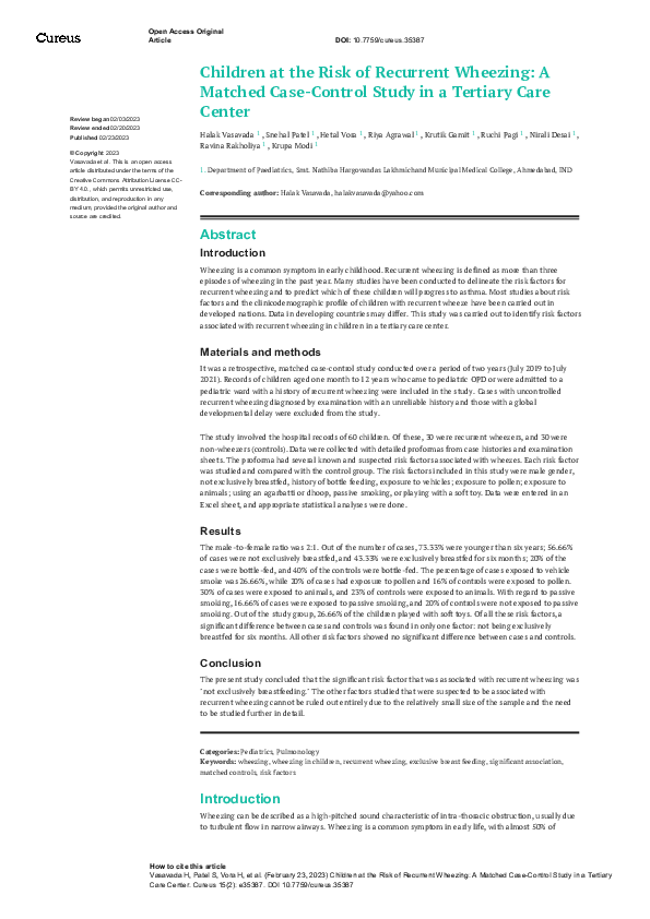 (PDF) Children at the Risk of Recurrent Wheezing: A Matched Case ...