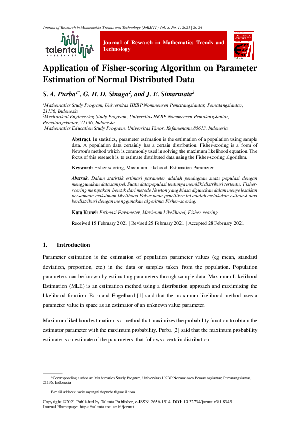 (PDF) The Application of Fisher Scoring Algorithm on Parameter ...