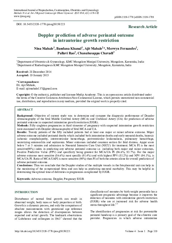 (PDF) Doppler Prediction of Adverse Perinatal Outcome in Intrauterine ...