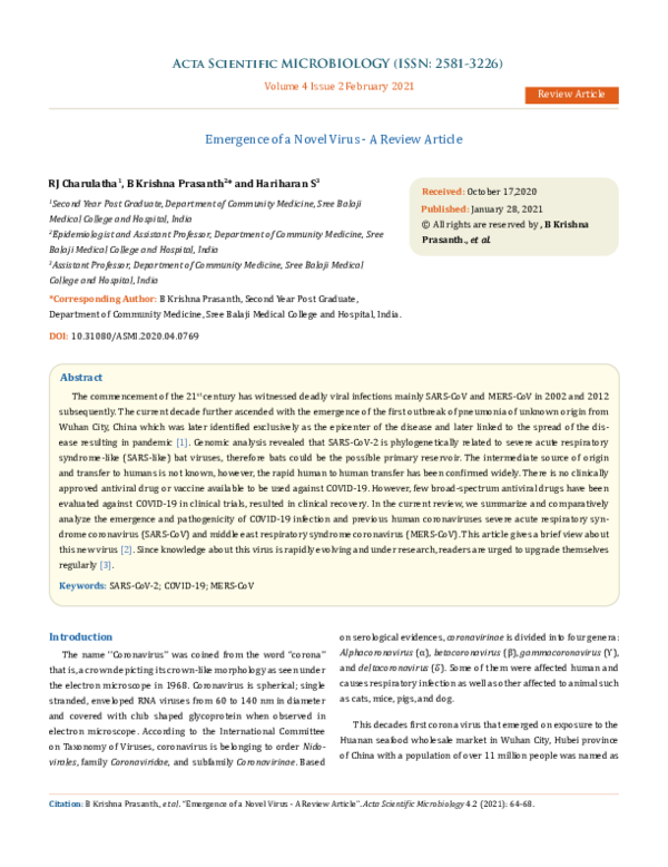 (PDF) Emergence of a Novel Virus - A Review Article