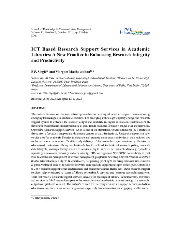 (PDF) ICT Based Research Support Services in Academic Libraries: A New ...
