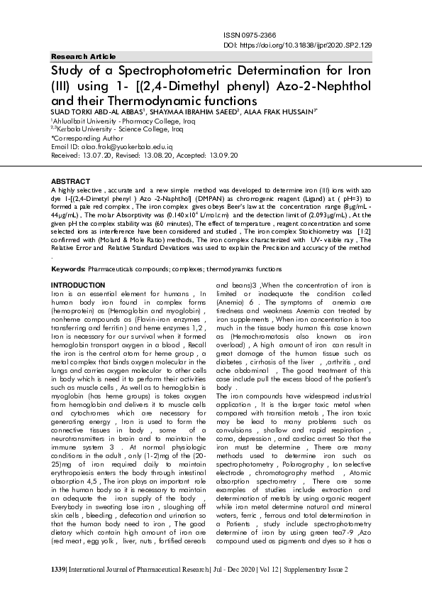 (PDF) Study of a Spectrophotometric Determination for Iron (III) using ...