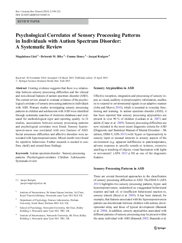 (PDF) Psychological Correlates of Sensory Processing Patterns in ...