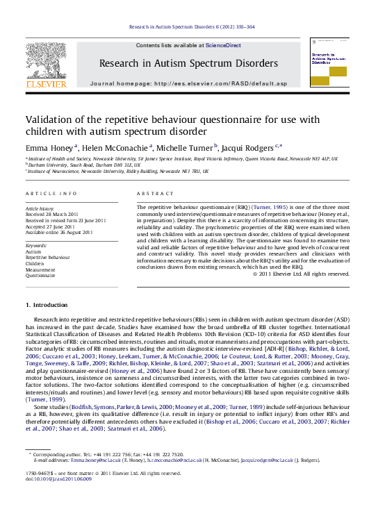 (PDF) Validation of the repetitive behaviour questionnaire for use with ...