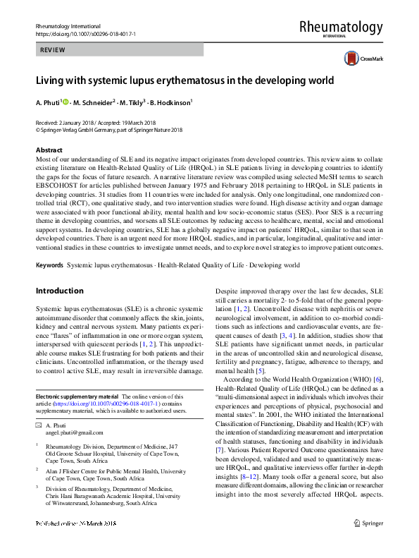 (PDF) Living with systemic lupus erythematosus in the developing world