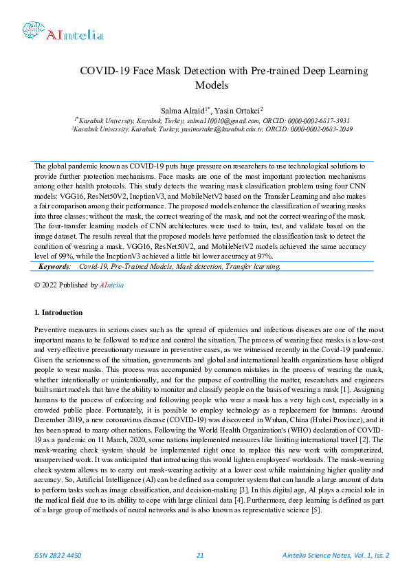 (PDF) COVID-19 Face Mask Detection with Pre-trained Deep Learning Models