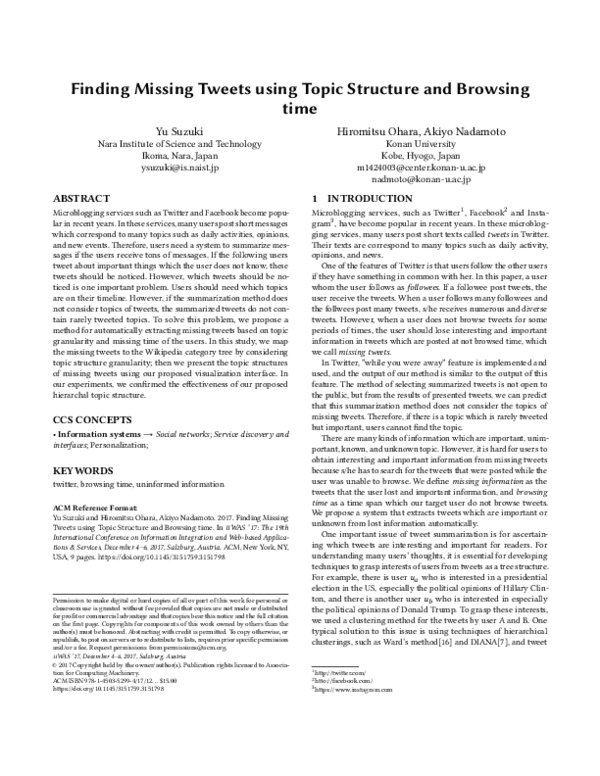 (PDF) Finding missing tweets using topic structure and browsing time