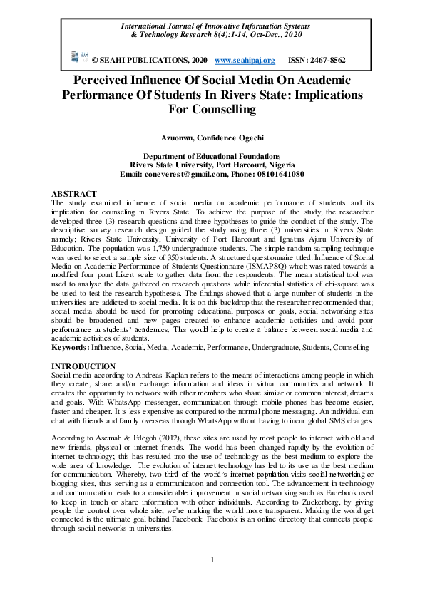(PDF) Perceived Influence Of Social Media On Academic Performance Of ...